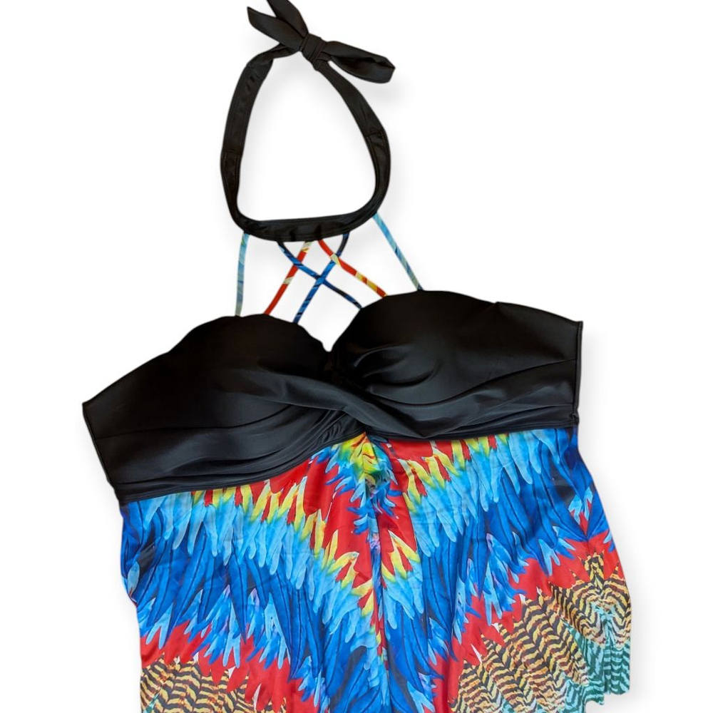 Black Multicolor Halter Tankini Swim Top 3X - Picture 4 of 9